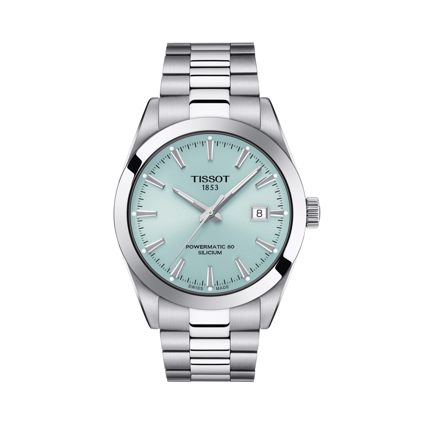 Tissot Gentleman Powermatic 80 Silicum Ice Blue, Automatic Men's Watch Tissot Gentleman Powermatic 80 with a 40mm stainless steel case and bracelet strap featuring a date function and an ice blue dial.
