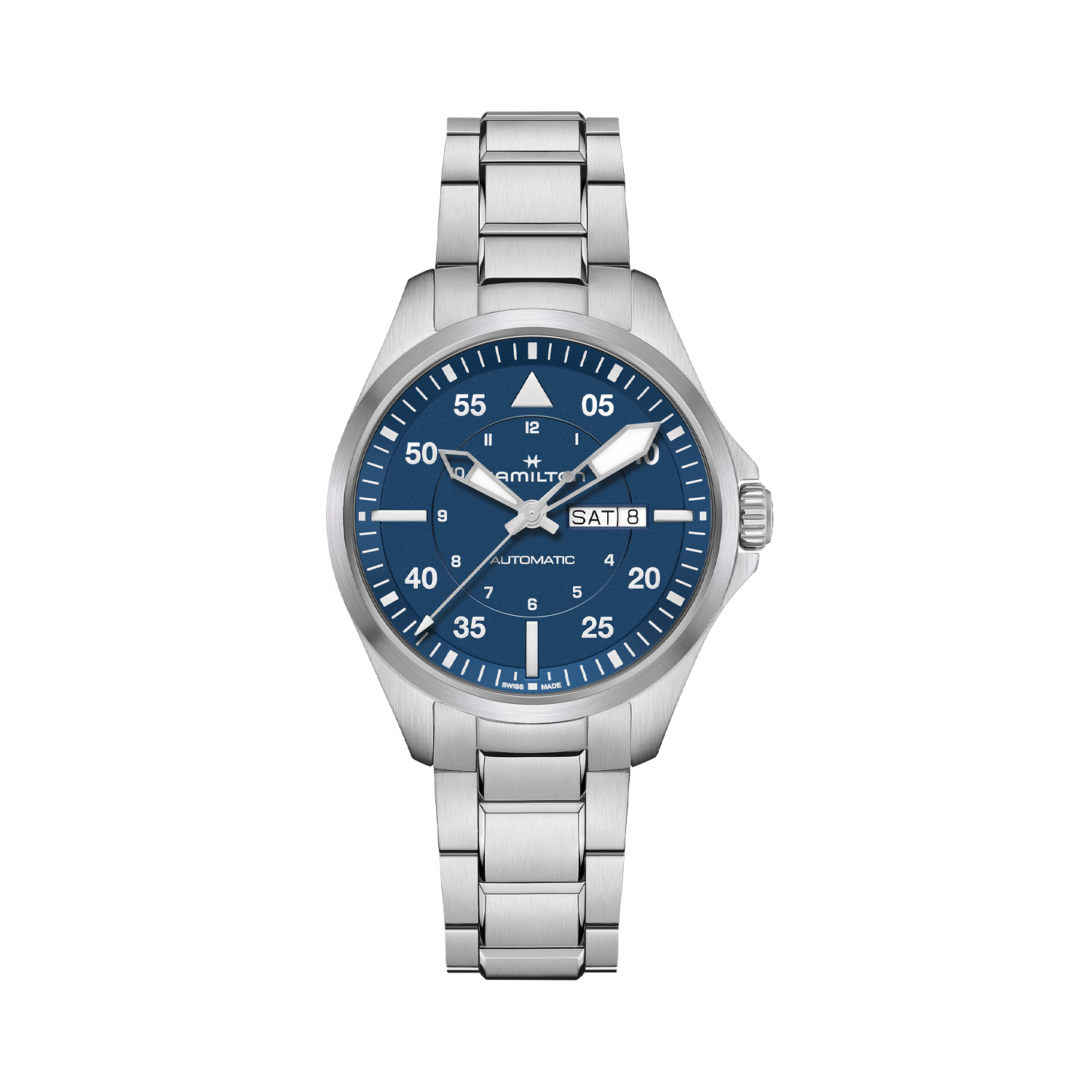 Hamilton, Khaki Aviation Pilot Blue Day Date, Automatic Men's Watch Hamilton, Khaki Aviation Pilot Day Date with a 42mm stainless steel case and bracelet strap with a day date function and a blue dial.