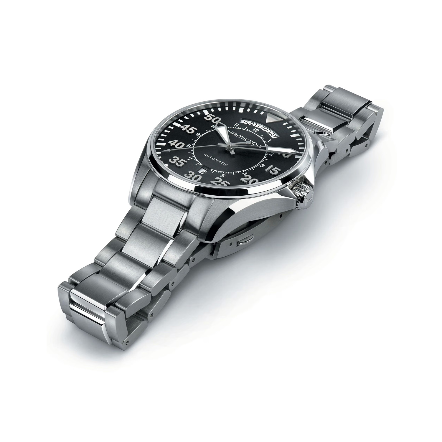 Hamilton, Khaki Aviation Pilot with a 42mm stainless steel case and bracelet strap featuring a day date function and a black dial.