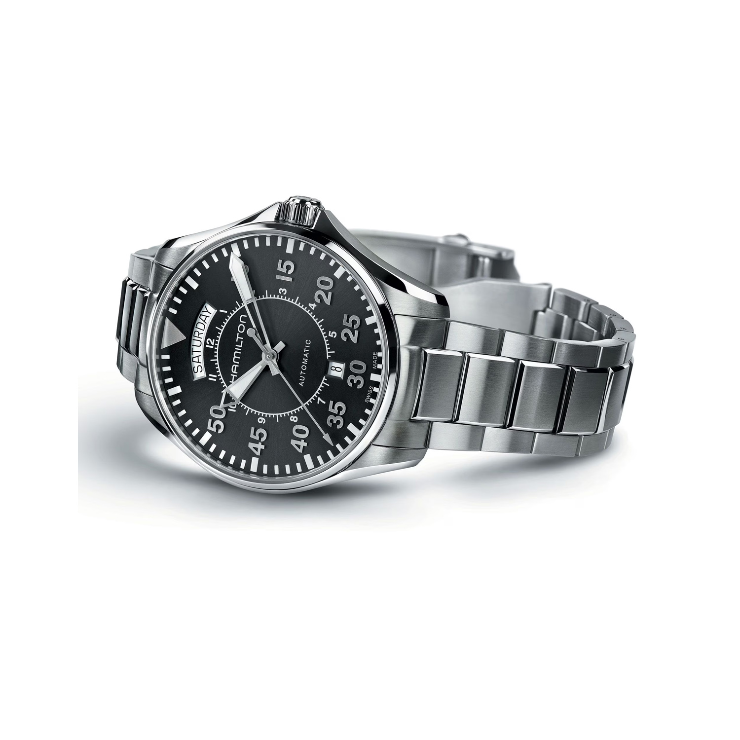 Hamilton, Khaki Aviation Pilot with a 42mm stainless steel case and bracelet strap featuring a day date function and a black dial.