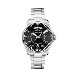 Hamilton, Khaki Aviation Pilot with a 42mm stainless steel case and bracelet strap featuring a day date function and a black dial.