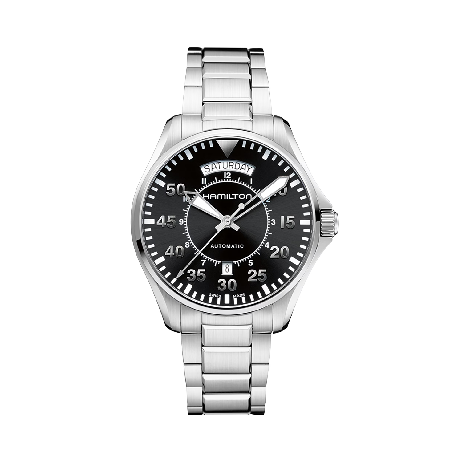 Hamilton, Khaki Aviation Pilot with a 42mm stainless steel case and bracelet strap featuring a day date function and a black dial.