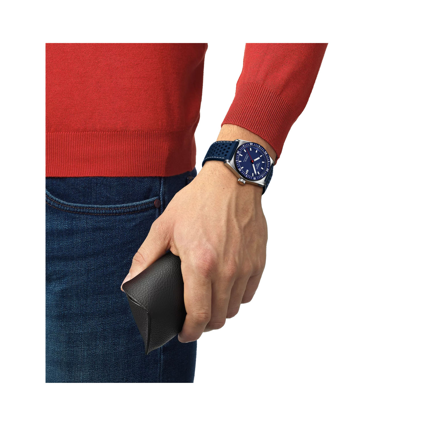 Tissot, PR516 with a 38mm stainless steel case and a blue synthetic strap featuring a date function and a blue dial and bezel.