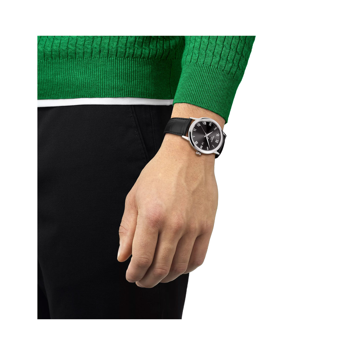 Tissot, Classic Dream with a 42mm stainless steel case and a black leather strap featuring a date function and a black dial.