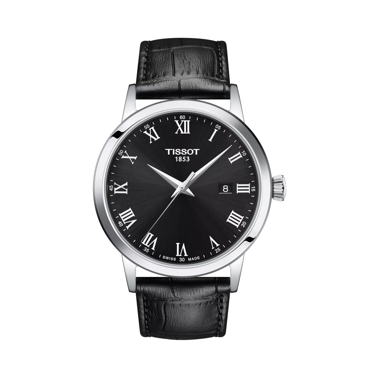 Tissot, Classic Dream with a 42mm stainless steel case and a black leather strap featuring a date function and a black dial.