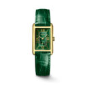 Longines, DolceVita with a 20.5 x 32mm rectangular 18ct yellow gold case and a green leather strap featuring a small seconds hand and a green dial.