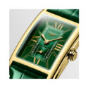 Longines, DolceVita with a 20.5 x 32mm rectangular 18ct yellow gold case and a green leather strap featuring a small seconds hand and a green dial.
