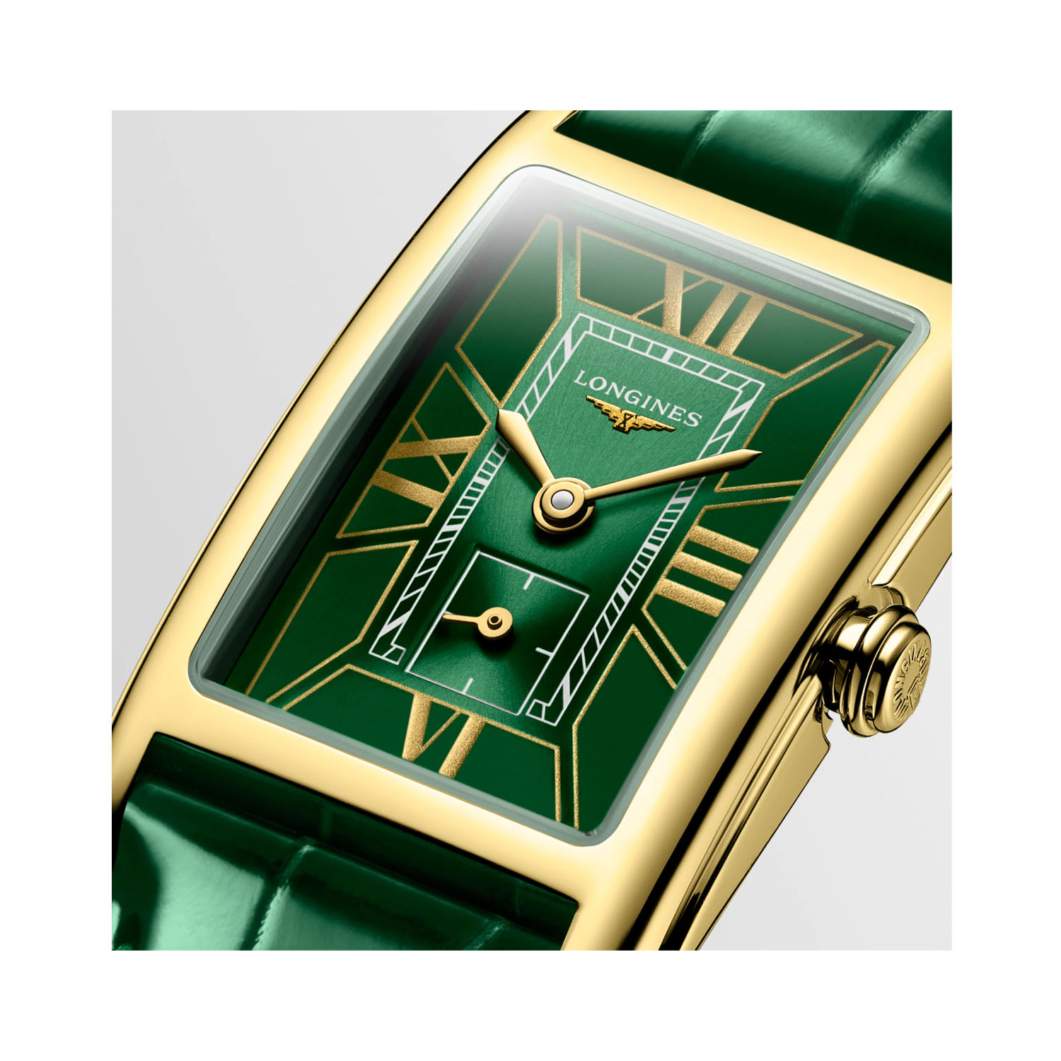 Longines, DolceVita with a 20.5 x 32mm rectangular 18ct yellow gold case and a green leather strap featuring a small seconds hand and a green dial.