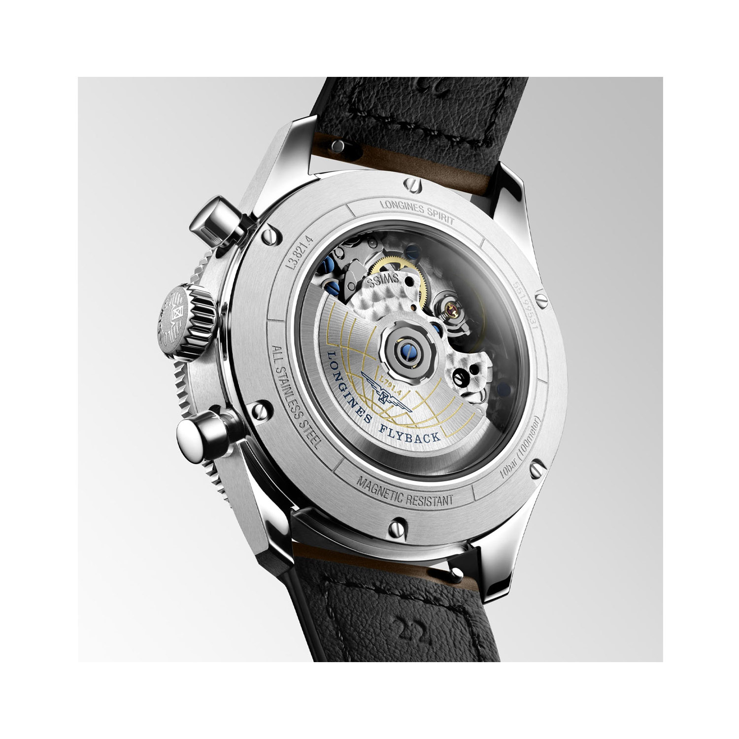 Longines, Spirit Flyback with a 42mm stainless steel case and a brown leather strap featuring a chronograph and a black dial and ceramic bezel.