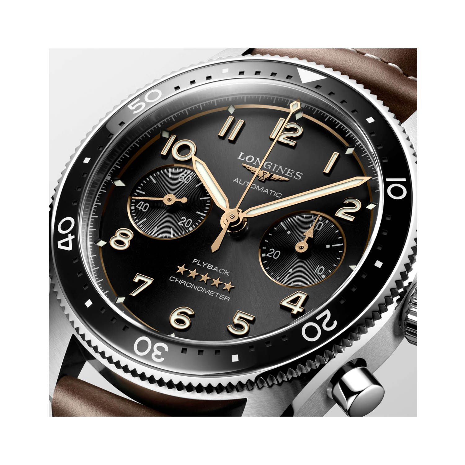 Longines, Spirit Flyback with a 42mm stainless steel case and a brown leather strap featuring a chronograph and a black dial and ceramic bezel.