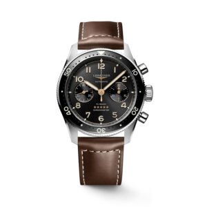 Longines, Spirit Flyback with a 42mm stainless steel case and a brown leather strap featuring a chronograph and a black dial and ceramic bezel.