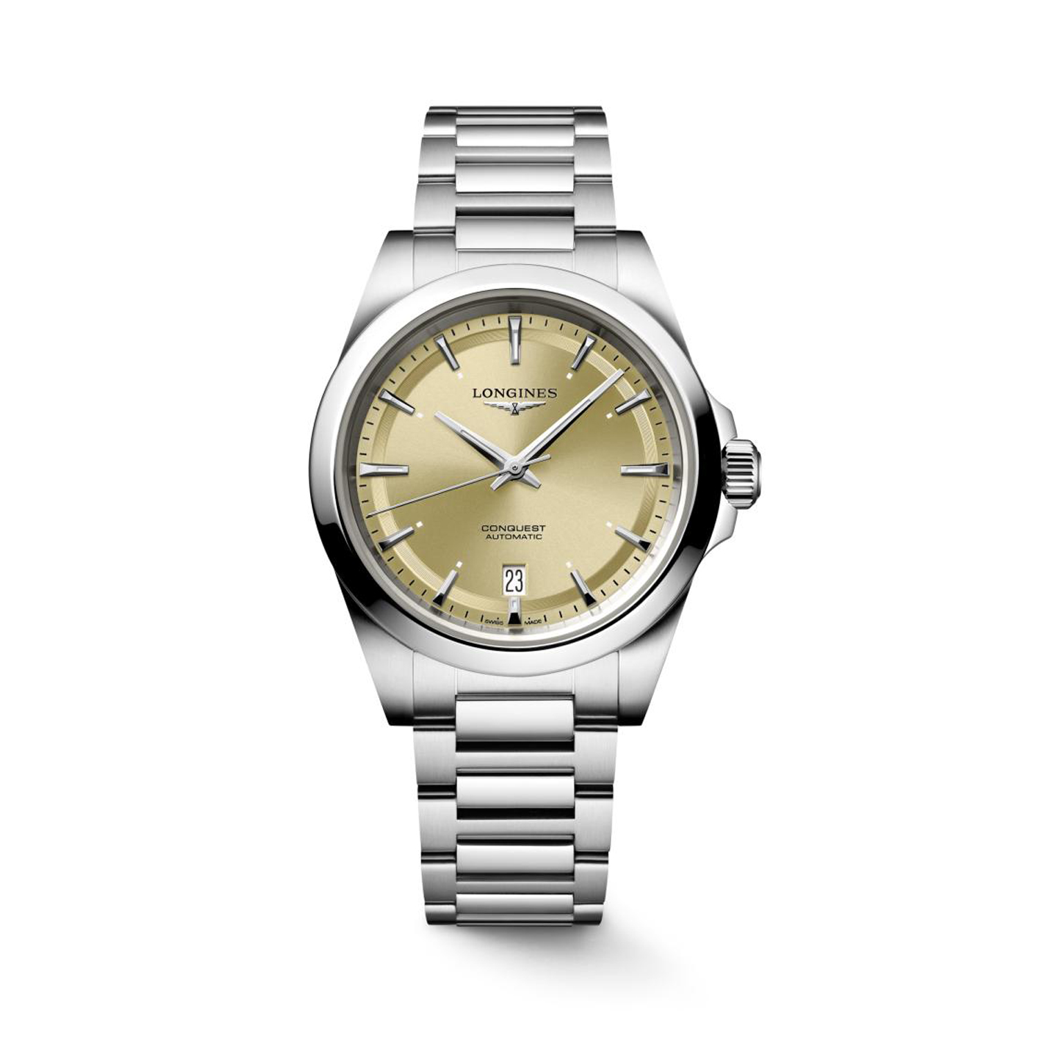 Longines, Conquest Sunray Gilt, Automatic Men's Watch Longines, Conquest with a 38mm stainless steel case and bracelet strap featuring a date function and a sunray gilt dial.