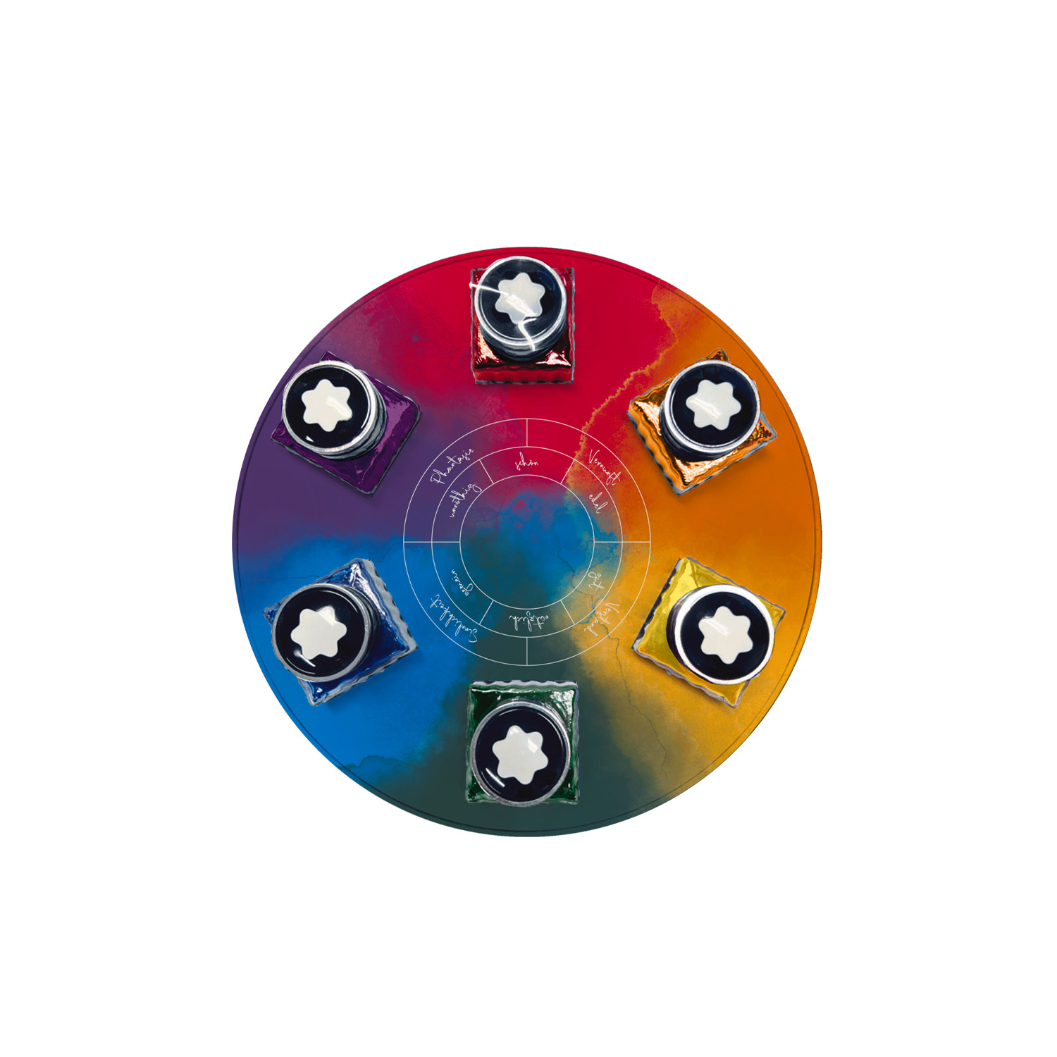 Montblanc, Ink Bottle Set, Writers Edition Homage to Johann Wolfgang Von Goethe: 6 x 30ml Montblanc, Ink Bottle Set, Writers Edition Homage to Johann Wolfgang Von Goethe featuring six 30ml bottles of ink in a colourful themed case celebrating the Theory of Colours, Colour Wheel.