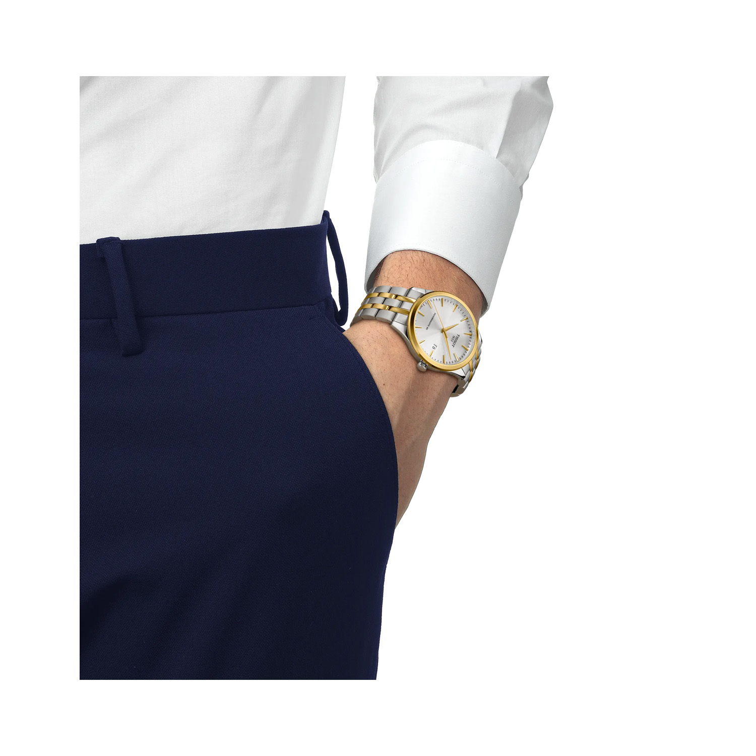 Tissot, Classic Dream with a 40mm stainless steel and yellow gold PVD coated case and bracelet strap featuring a date function and a silver dial.