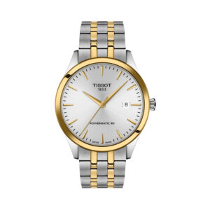 Tissot, Classic Dream with a 40mm stainless steel and yellow gold PVD coated case and bracelet strap featuring a date function and a silver dial.