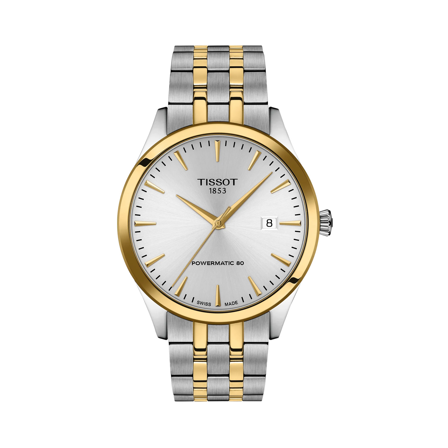 Tissot, Classic Dream with a 40mm stainless steel and yellow gold PVD coated case and bracelet strap featuring a date function and a silver dial.