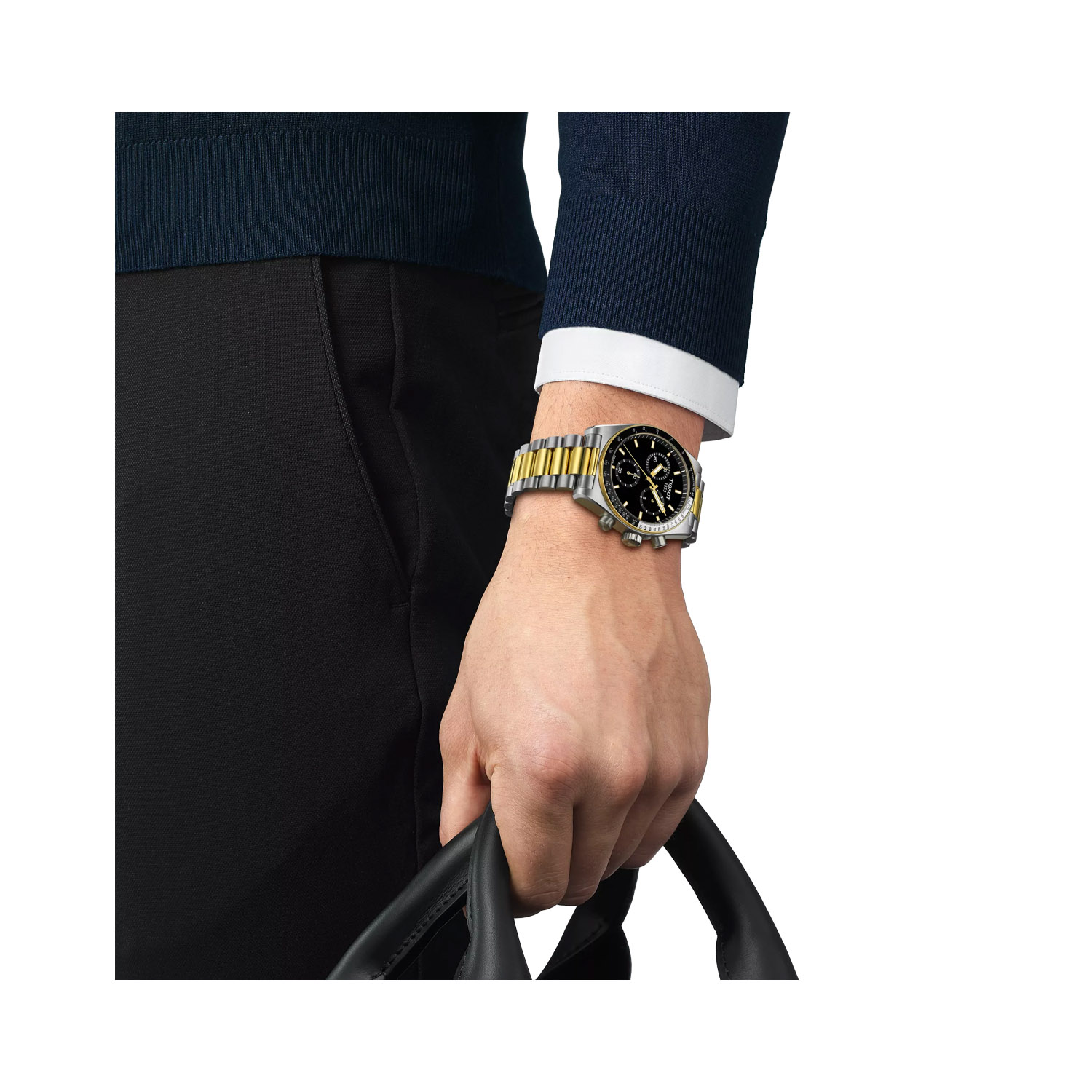 Tissot, PR516 Chronograph with a 40mm stainless steel and yellow gold PVD coated bi-colour case and bracelet strap featuring a three dial chronograph, a black dial and a black and white bezel.