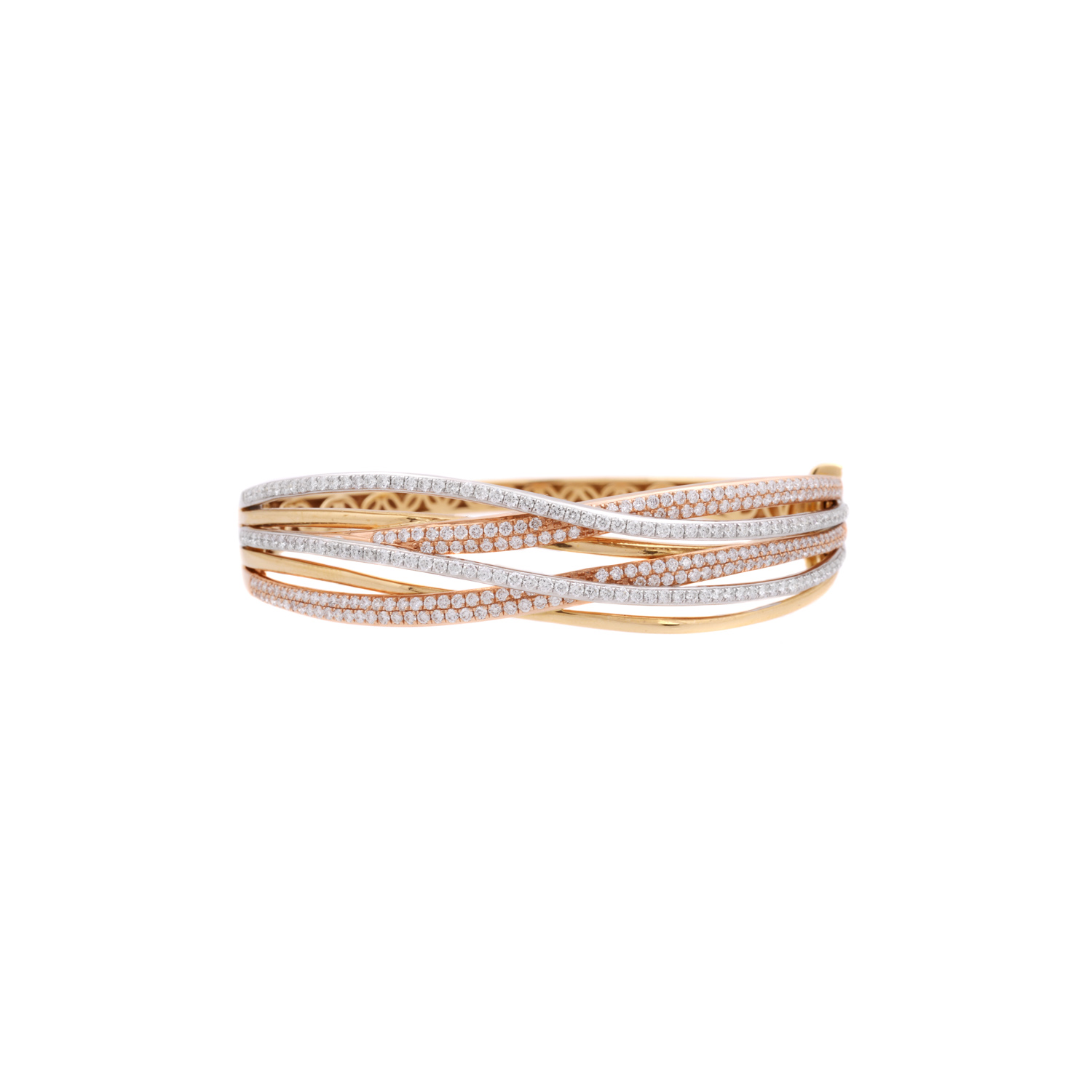An 18ct white, yellow and rose gold diamond set multi-crossover bangle.