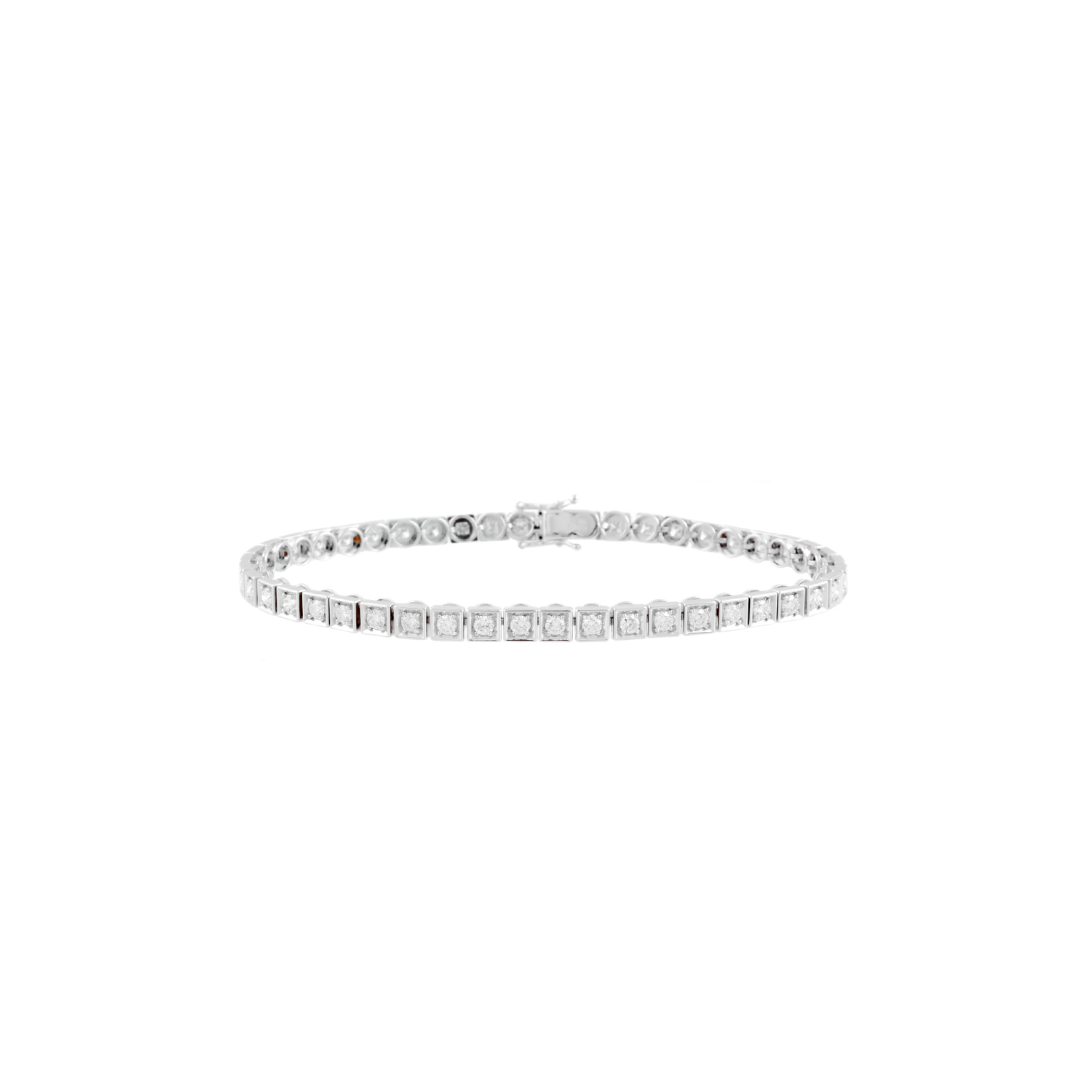 18ct White Gold Square Set Diamond Line Bracelet An 18ct white gold square set diamond line bracelet containing 46 round brilliant cut diamonds.