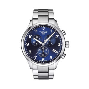 Tissot, Chrono XL with a 45mm stainless steel case and bracelet strap featuring a chronograph, date function and a blue dial.