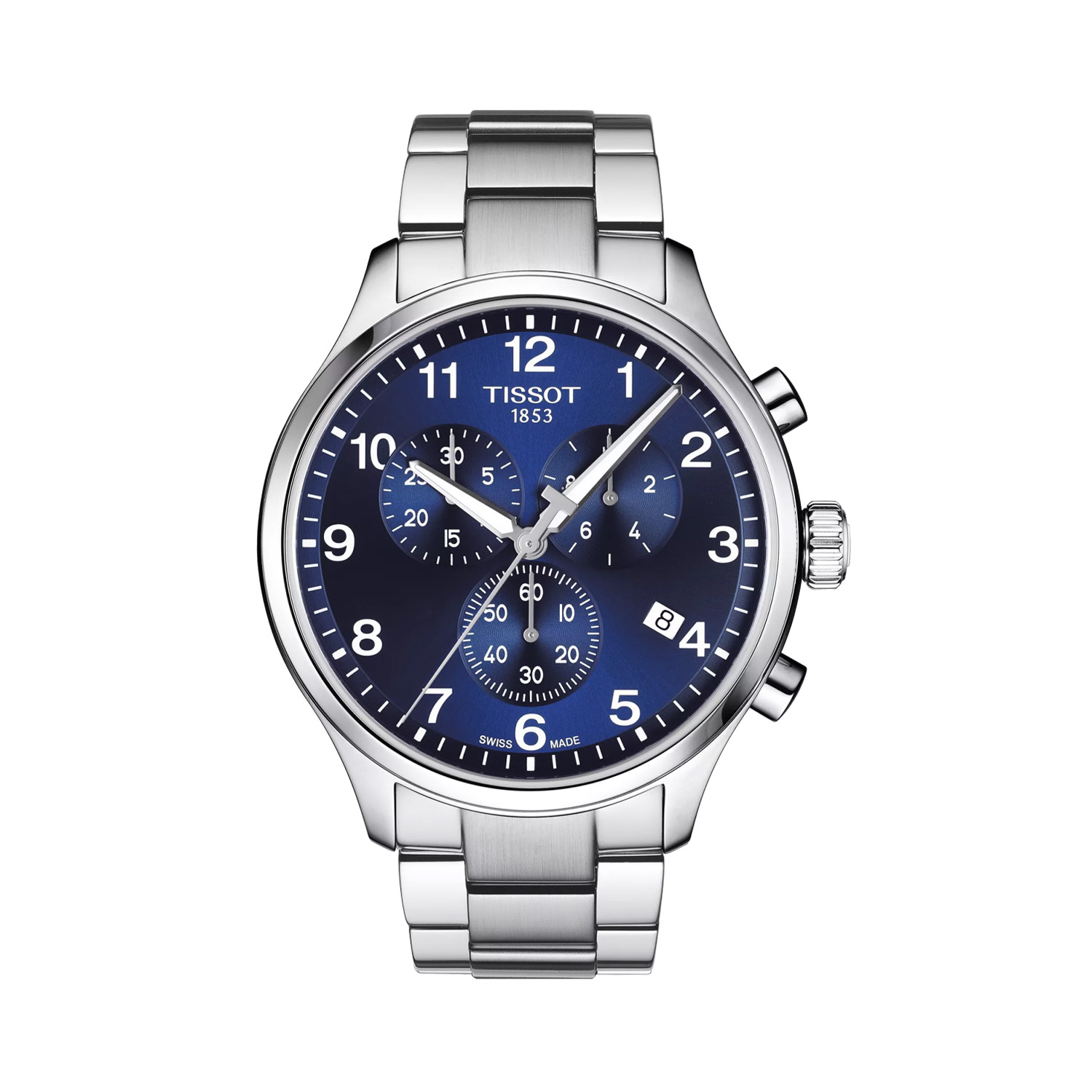 Tissot, Chrono XL with a 45mm stainless steel case and bracelet strap featuring a chronograph, date function and a blue dial.