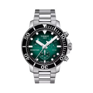 Tissot, Seastar 1000 with a 45.5mm stainless steel case and bracelet strap featuring a date function, chronograph and a green dial with a black bezel.