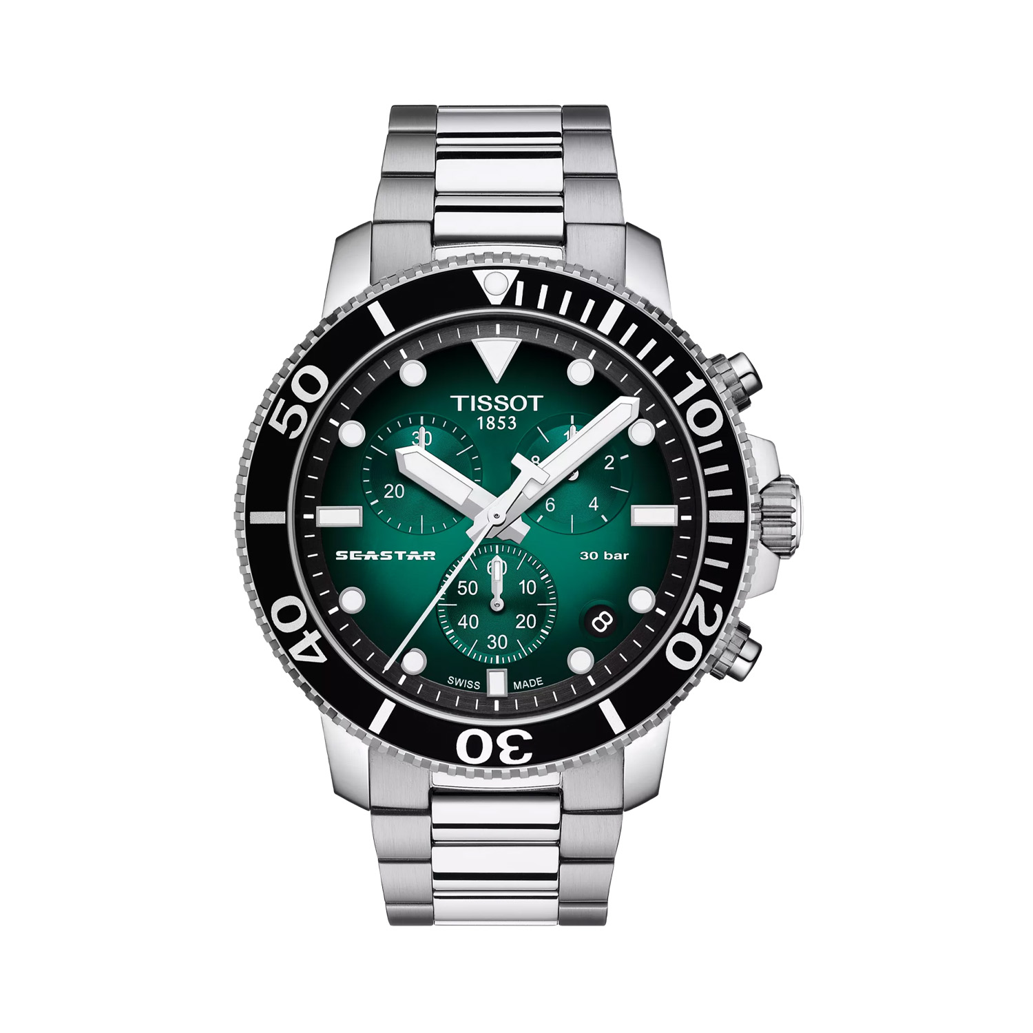 Tissot, Seastar 1000 with a 45.5mm stainless steel case and bracelet strap featuring a date function, chronograph and a green dial with a black bezel.