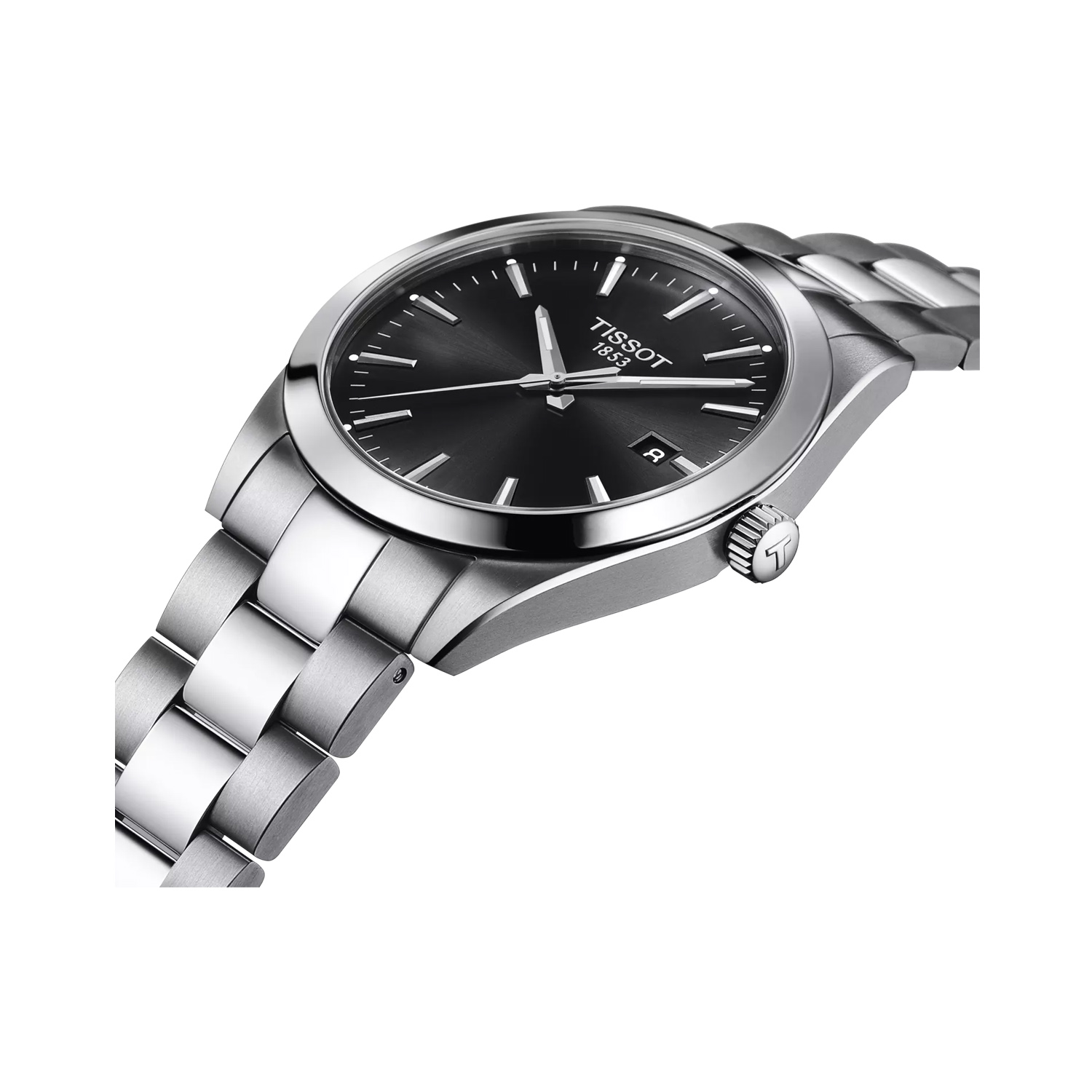 Tissot Gentleman with a 40mm stainless steel case and bracelet strap featuring a date function and a black dial.
