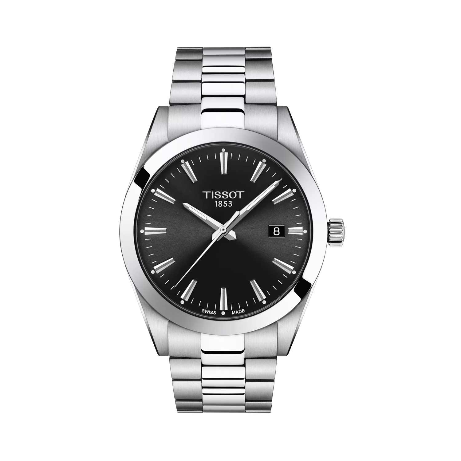 Tissot Gentleman with a 40mm stainless steel case and bracelet strap featuring a date function and a black dial.