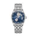 Hamilton, Jazzmaster Open Heart with a 42mm stainless steel case and bracelet strap featuring a blue open dial.