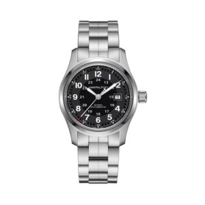 Hamilton, Khaki Field with a 42mm stainless steel case and bracelet strap featuring a date function and a black dial.