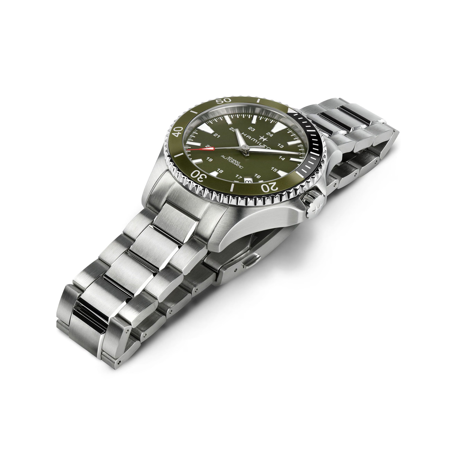 Hamilton, Khaki Navy Scuba with a 40mm stainless steel case and bracelet strap featuring a date function with a green dial and bezel.