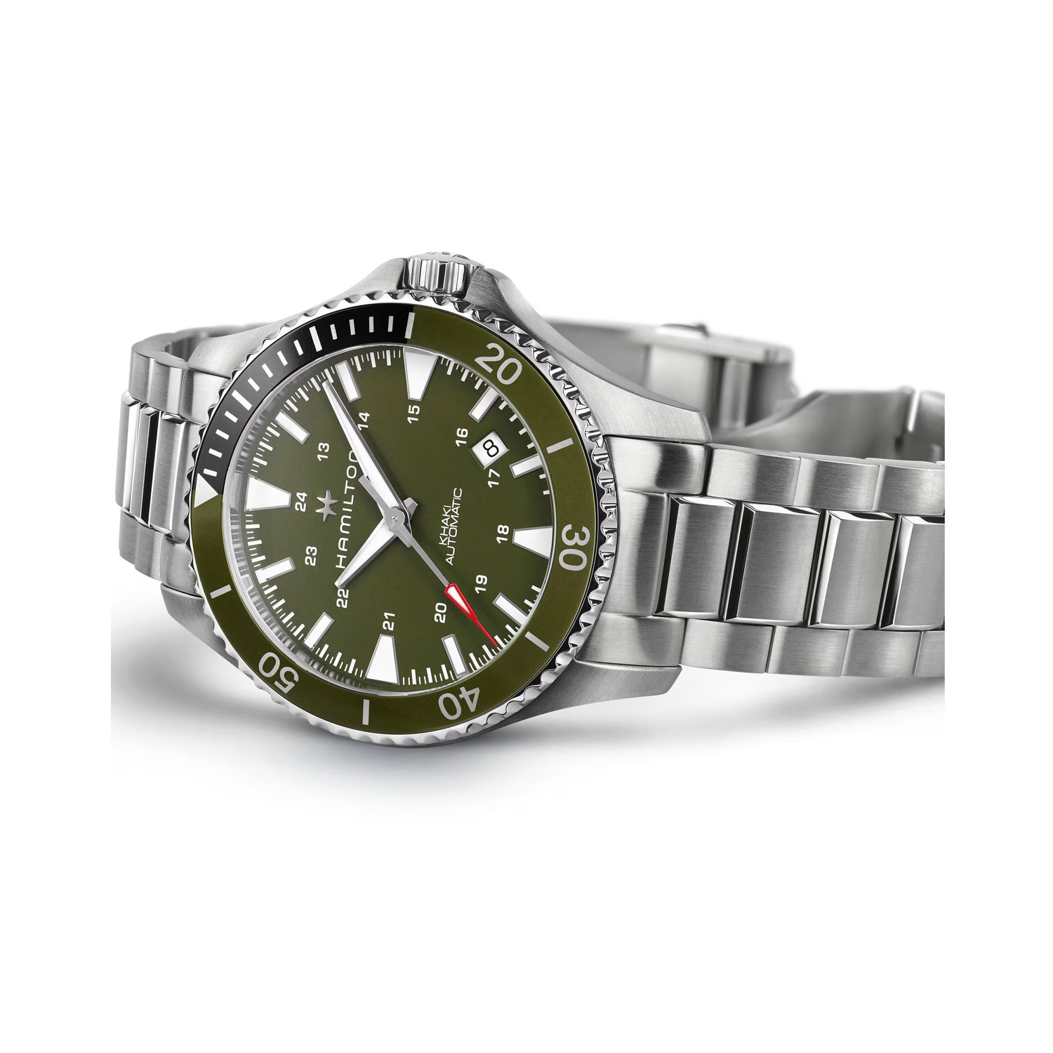 Hamilton, Khaki Navy Scuba with a 40mm stainless steel case and bracelet strap featuring a date function with a green dial and bezel.