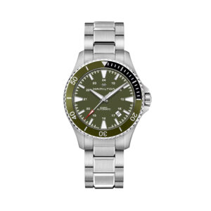 Hamilton, Khaki Navy Scuba with a 40mm stainless steel case and bracelet strap featuring a date function with a green dial and bezel.