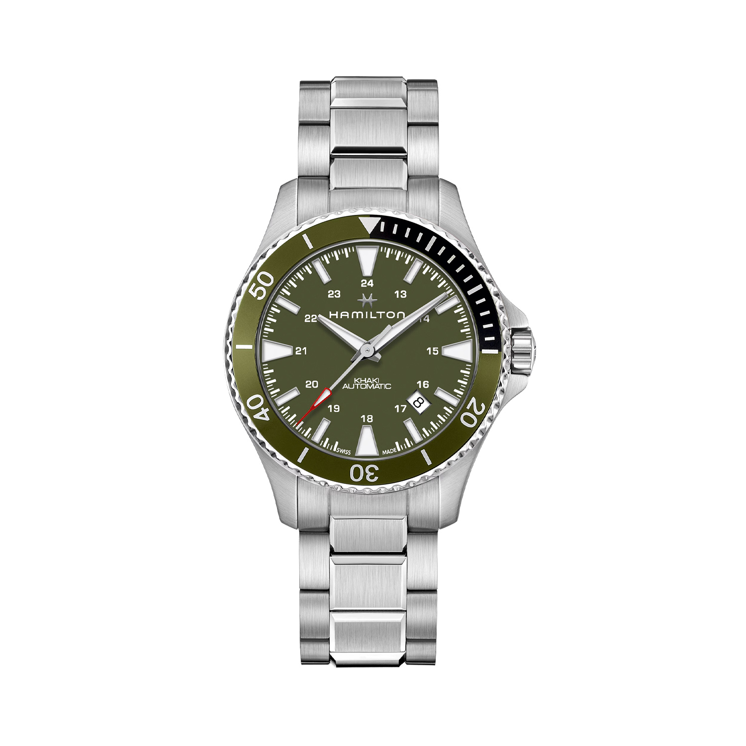 Hamilton, Khaki Navy Scuba with a 40mm stainless steel case and bracelet strap featuring a date function with a green dial and bezel.