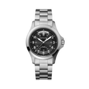 Hamilton, Khaki Field King with a 40mm stainless steel case and bracelet strap featuring a day date function and a black dial.