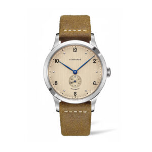Longines, Heritage with a 40mm stainless steel case and brown leather strap featuring a small seconds hand and a champagne coloured dial.