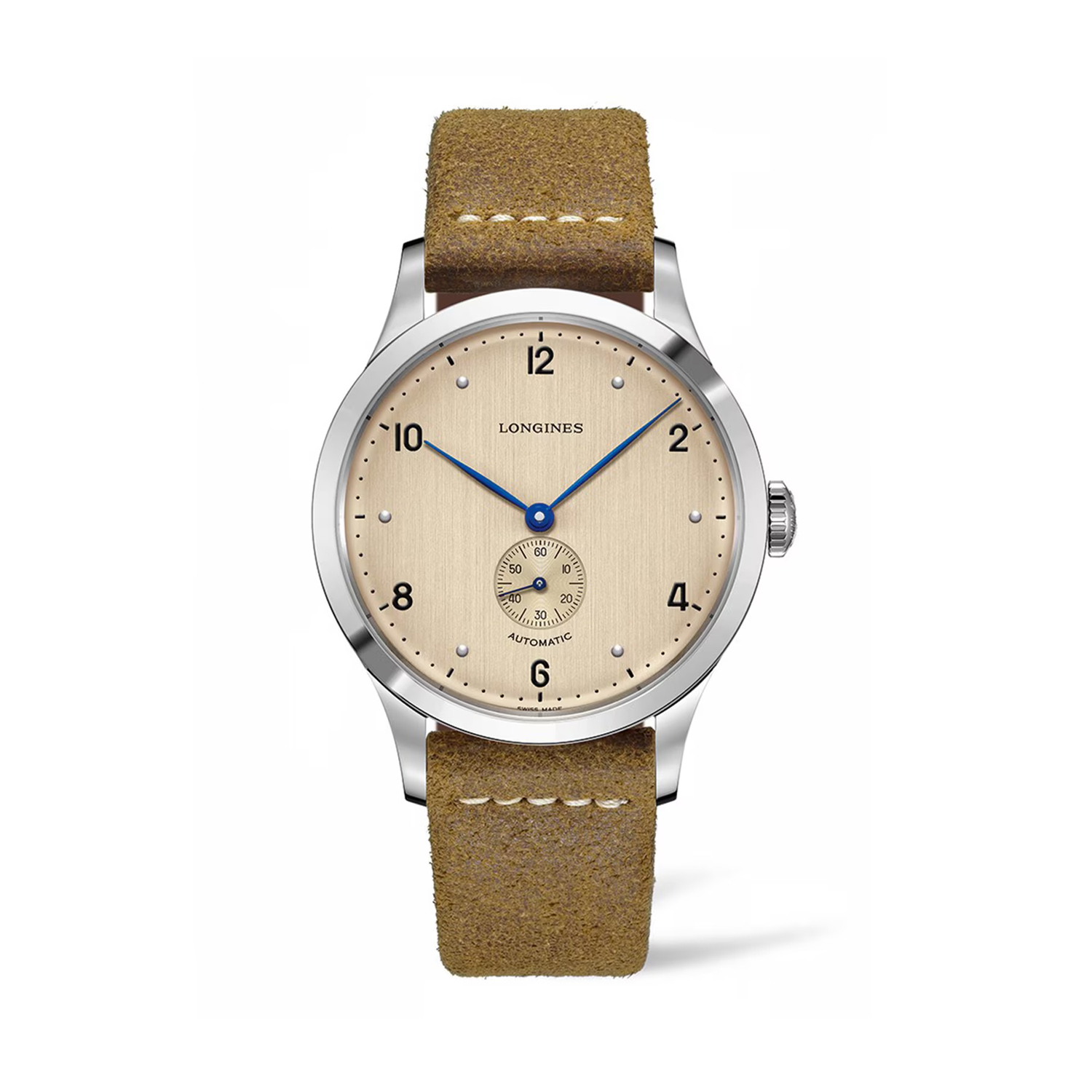 Longines, Heritage with a 40mm stainless steel case and brown leather strap featuring a small seconds hand and a champagne coloured dial.