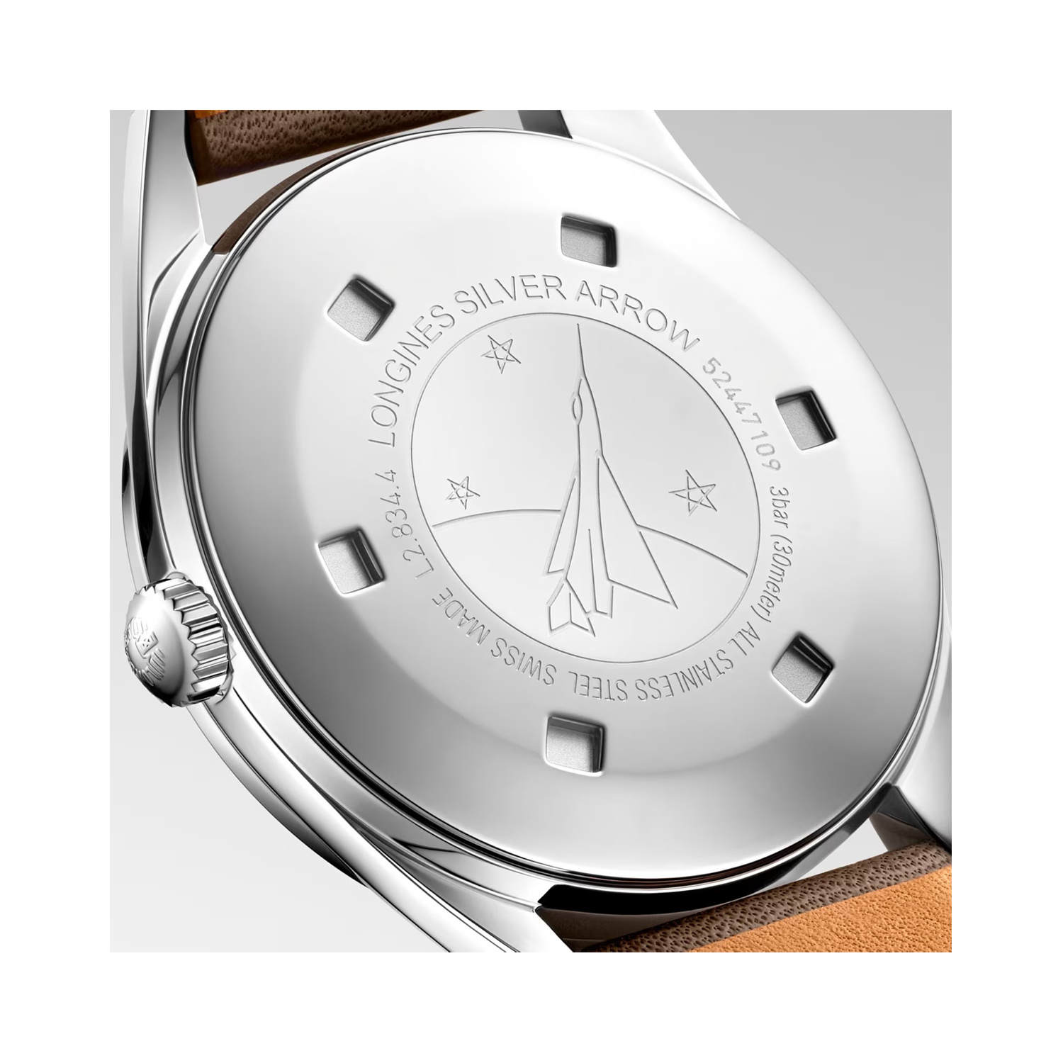 Longines, Heritage Silver Arrow, Automatic Men's Watch Longines, Heritage Silver Arrow with a 38.5mm stainless steel case and a brown leather strap featuring a silver dial.