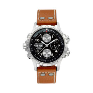 Hamilton, Khaki Aviation X-Wind with a 44mm stainless steel case and a brown leather strap featuring a chronograph, day date function and a black dial.
