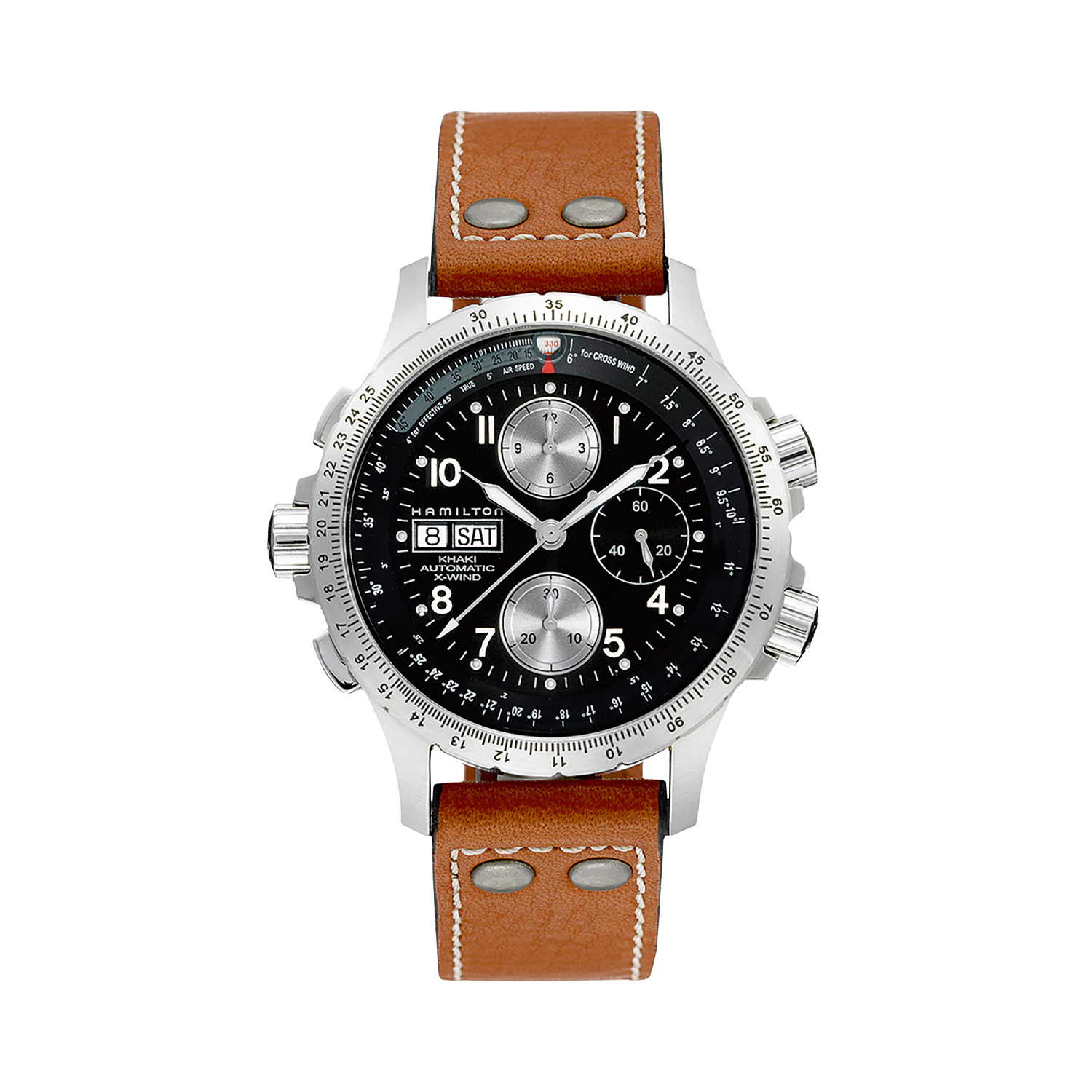 Hamilton, Khaki Aviation X-Wind Black, Men's Automatic Watch Hamilton, Khaki Aviation X-Wind with a 44mm stainless steel case and a brown leather strap featuring a chronograph, day date function and a black dial.