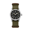 Hamilton, Khaki Field with a 38mm stainless steel case with a green NATO strap featuring a black dial.