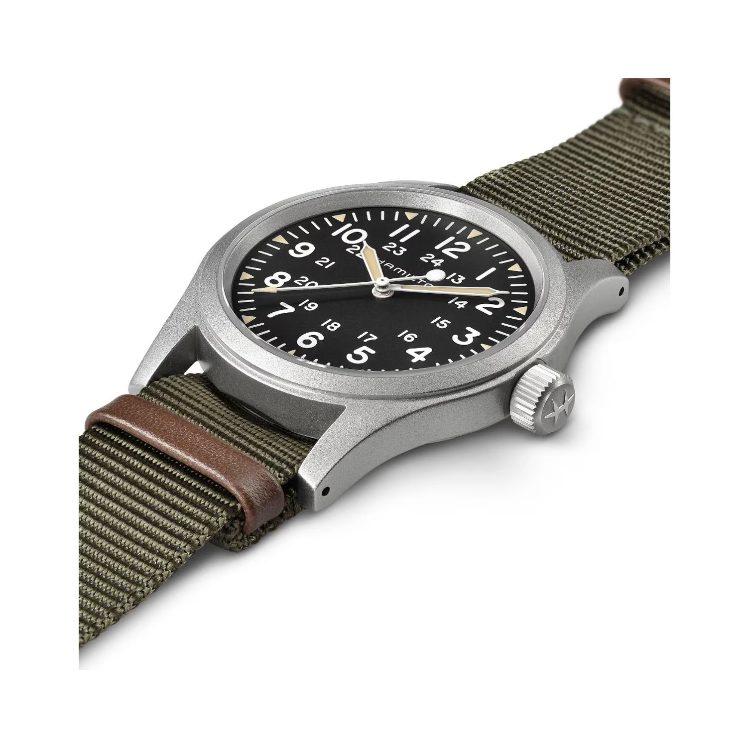 Hamilton, Khaki Field with a 38mm stainless steel case with a green NATO strap featuring a black dial.