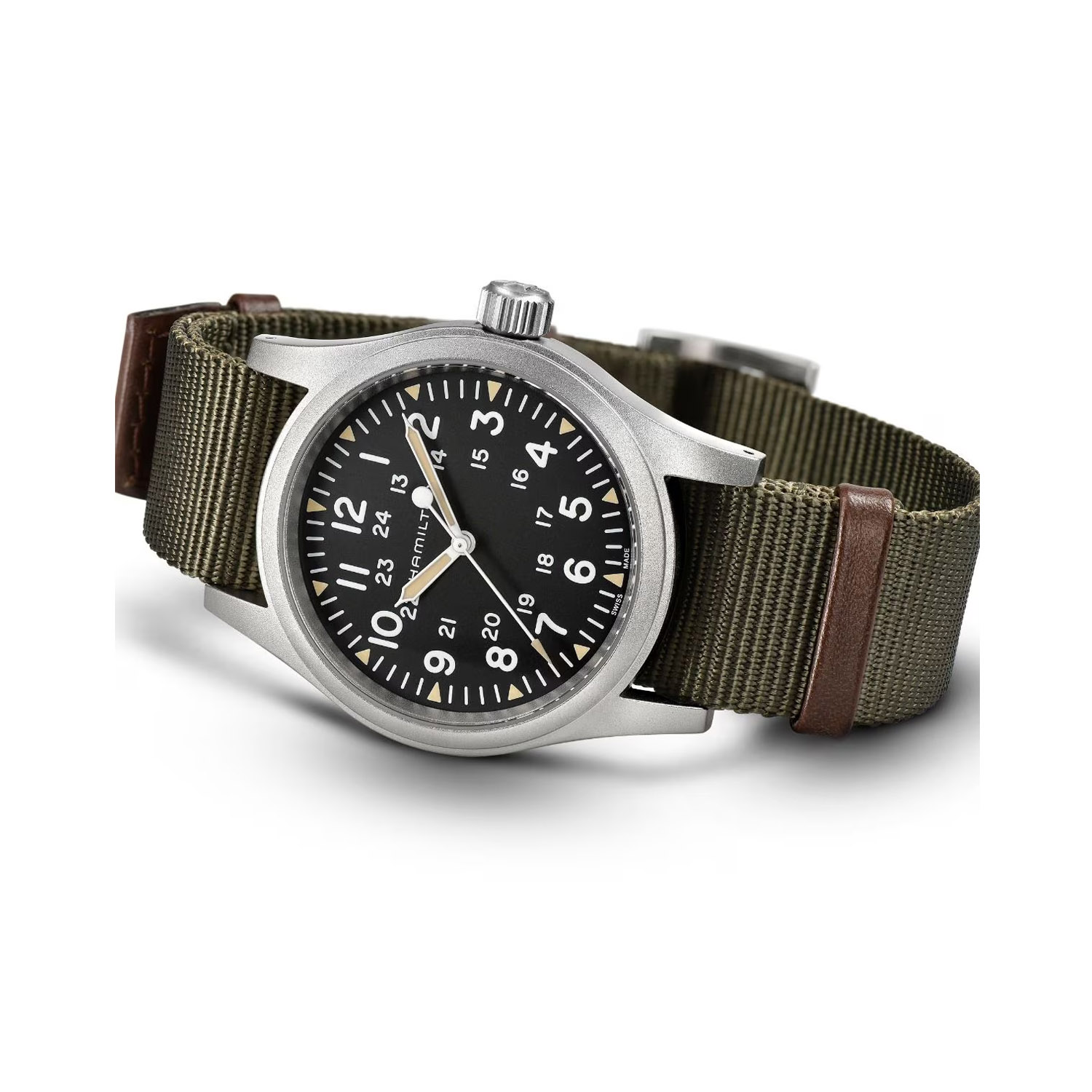 Hamilton, Khaki Field with a 38mm stainless steel case with a green NATO strap featuring a black dial.