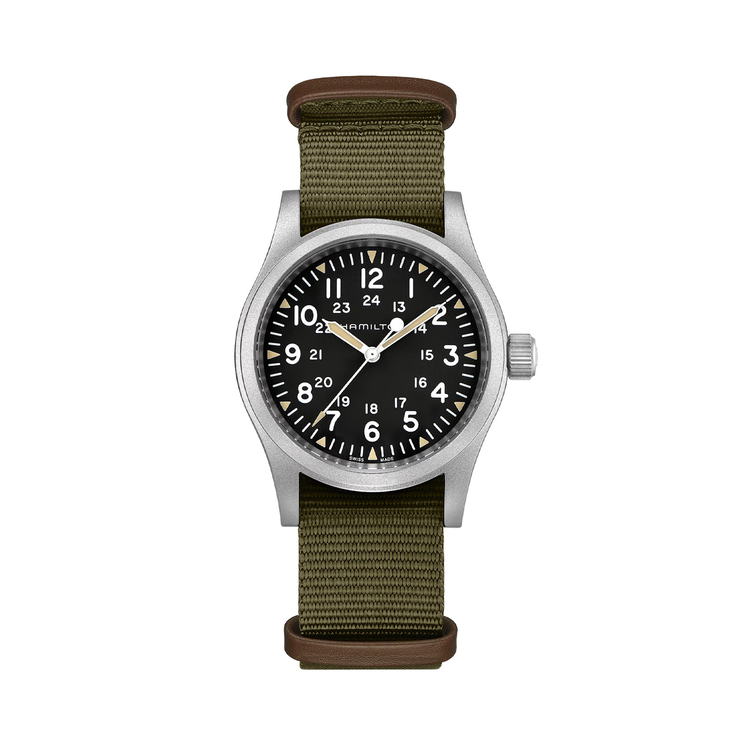 Hamilton, Khaki Field with a 38mm stainless steel case with a green NATO strap featuring a black dial.