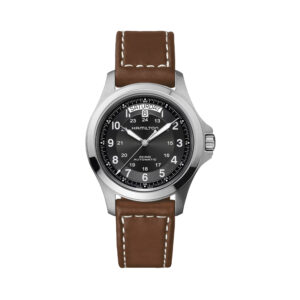 Hamilton, Khaki Field King with a 40mm stainless steel case and a brown leather strap featuring a day date function and a black dial.