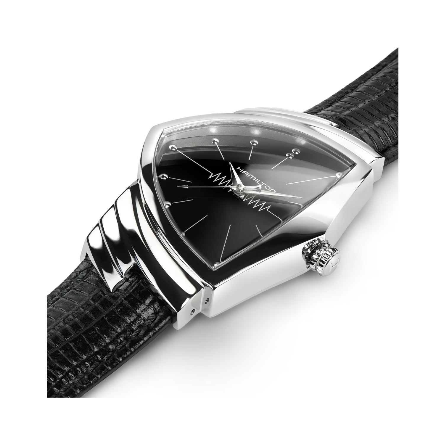 Hamilton, Ventura, Quartz Men's Watch Hamilton, Ventura with a 32.3mm and 50.3mm stainless steel triangular shaped case and a black leather strap featuring a black dial.