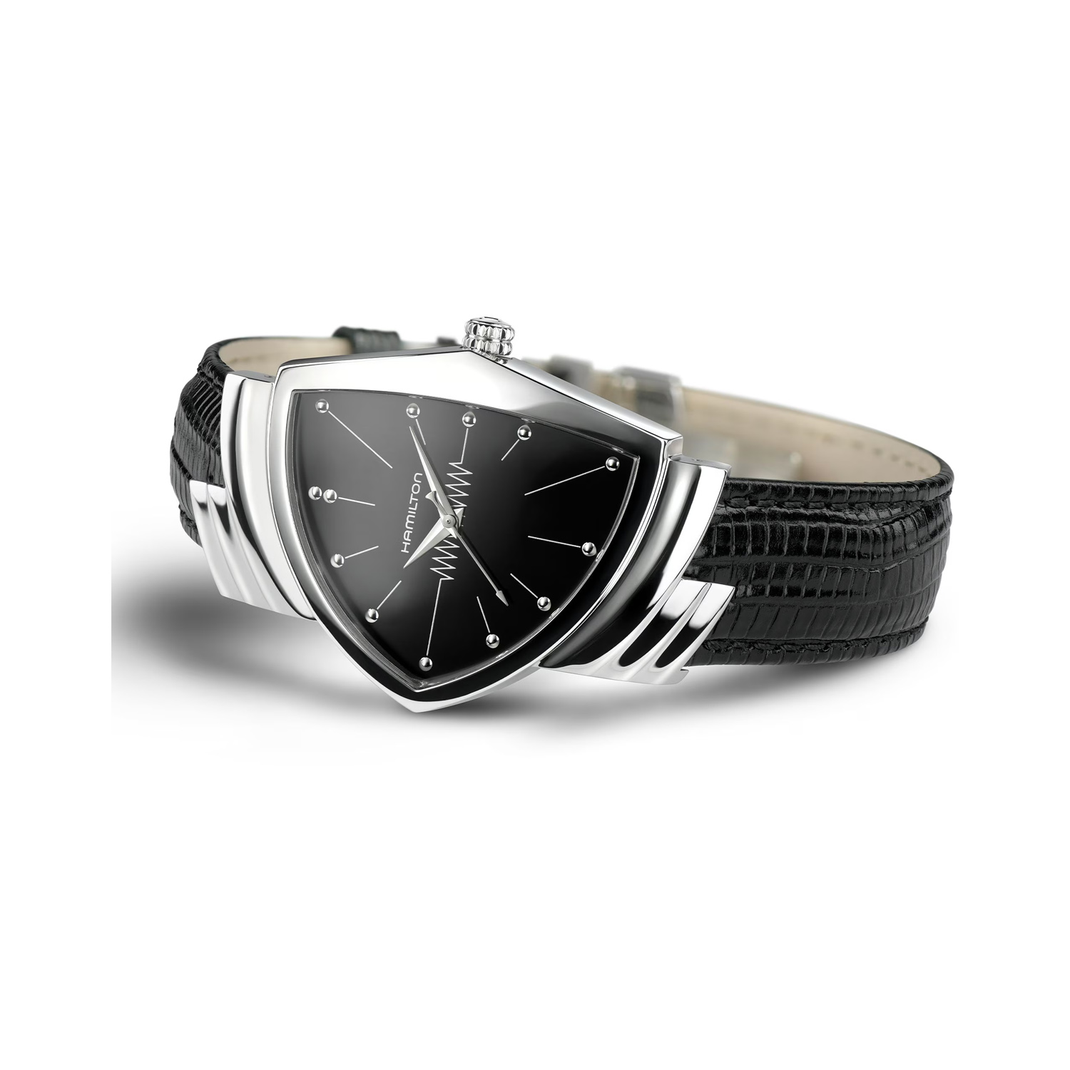 Hamilton, Ventura, Quartz Men's Watch Hamilton, Ventura with a 32.3mm and 50.3mm stainless steel triangular shaped case and a black leather strap featuring a black dial.