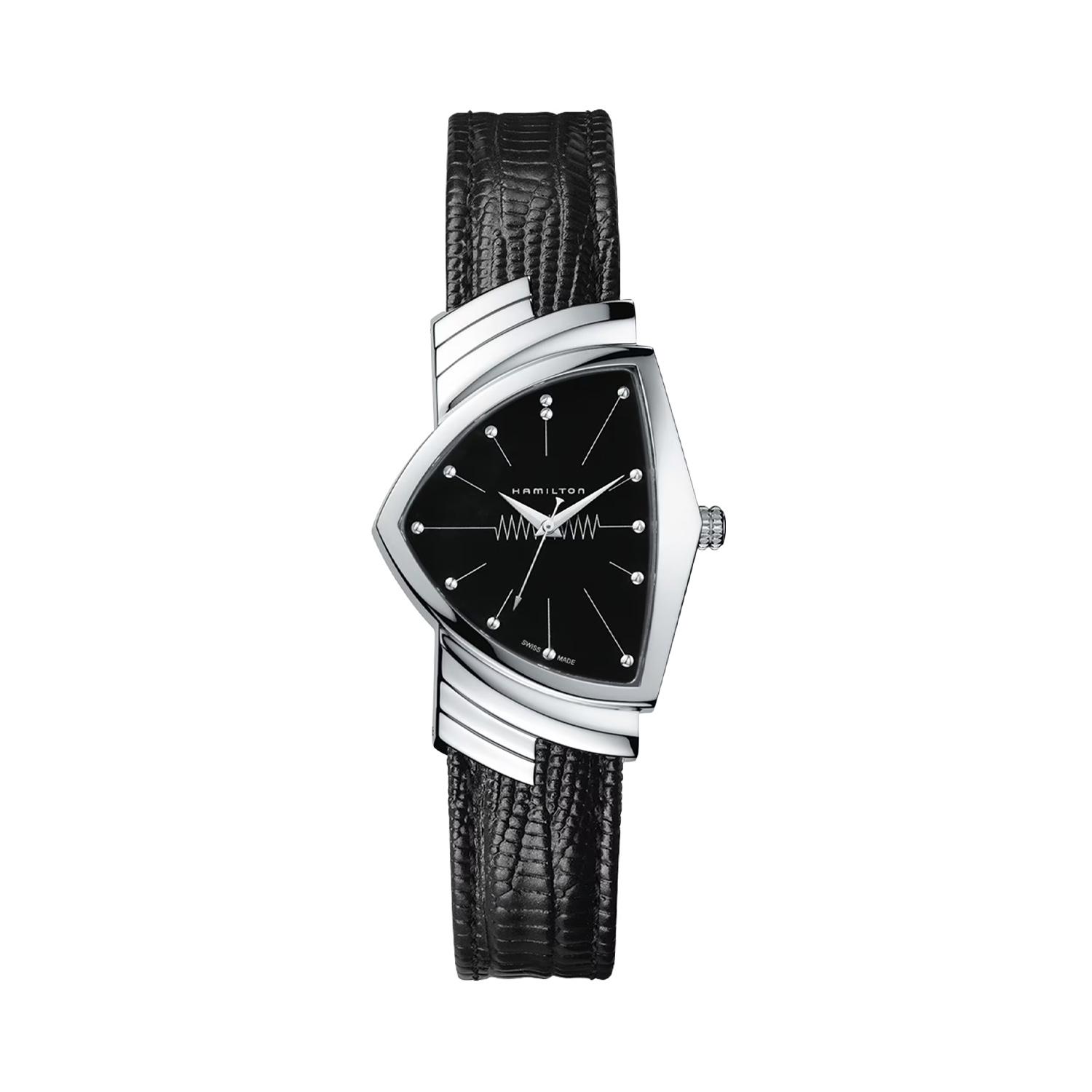 Hamilton, Ventura, Quartz Men's Watch Hamilton, Ventura with a 32.3mm and 50.3mm stainless steel triangular shaped case and a black leather strap featuring a black dial.