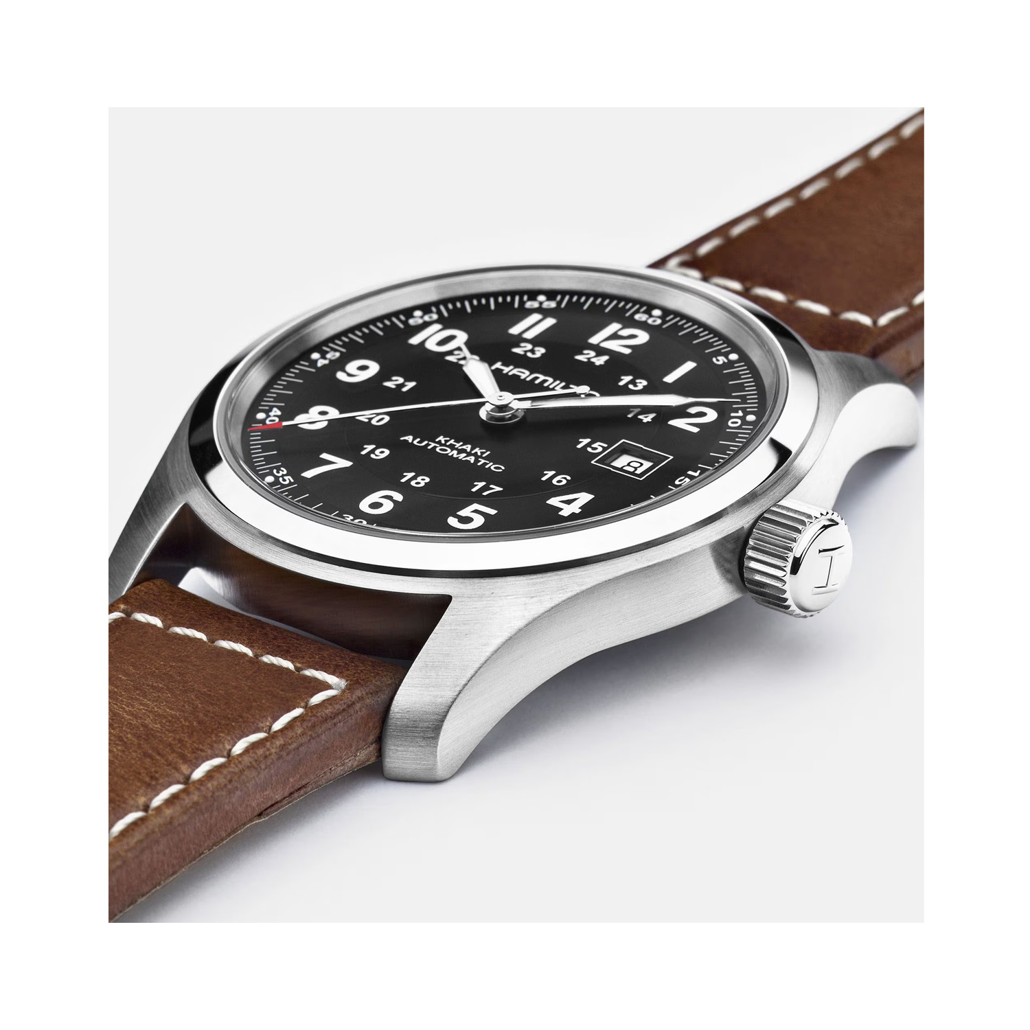 Hamilton, Khaki Field with a 42mm stainless steel case and a brown leather strap featuring a date complication and a black dial.